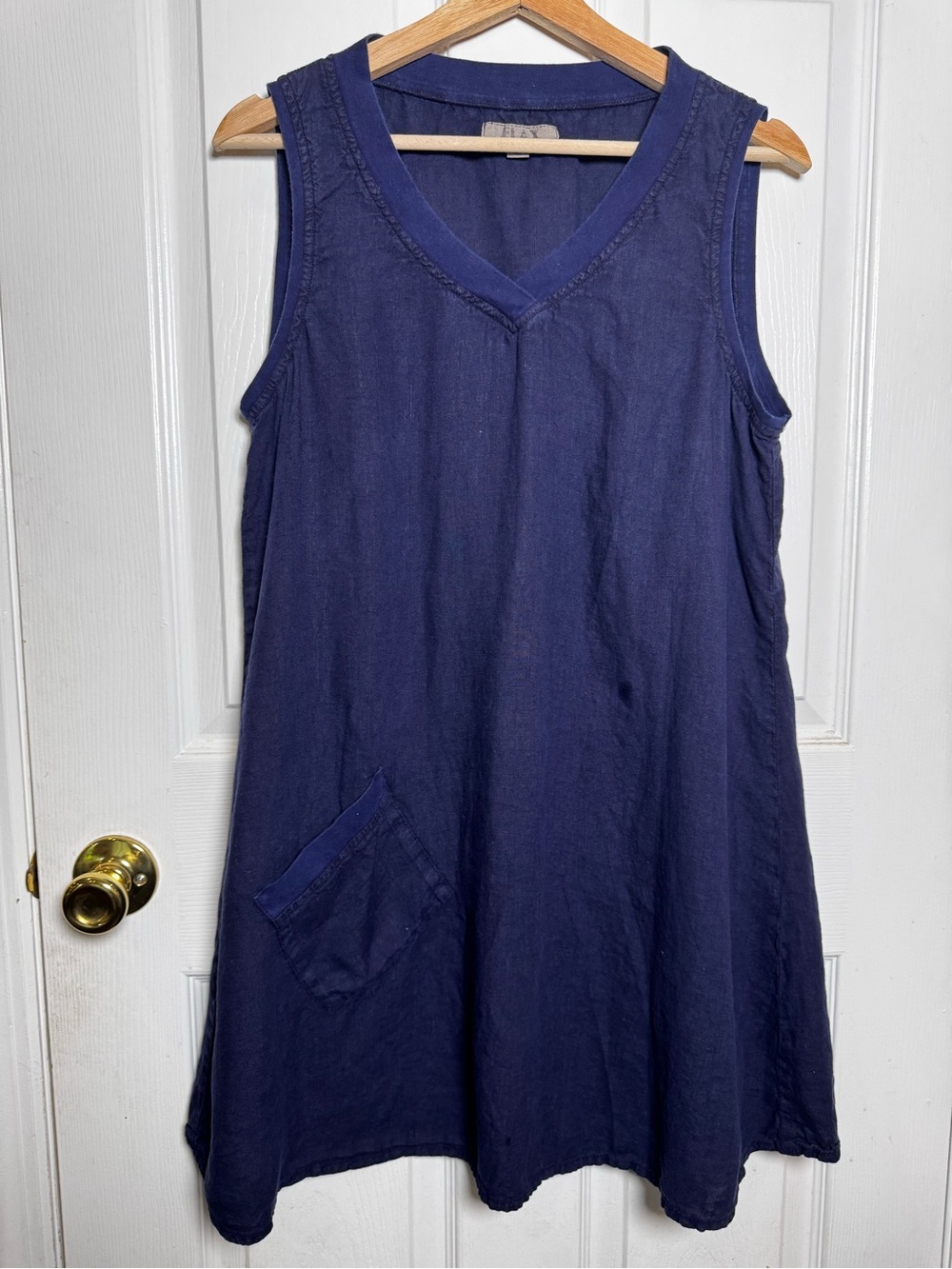 FLAX 100% Linen Navy Blue Sleeveless Pocket Shift Dress Size Small